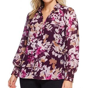 CALVIN KLEIN (L) Purple Pink Tan Floral Print Chiffon Peasant Blouse Top Tie V